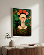 Flower-Crowned Woman & Black Cat in a white wood frame