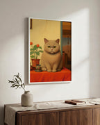 The Contented Ginger Cat in a white wood frame
