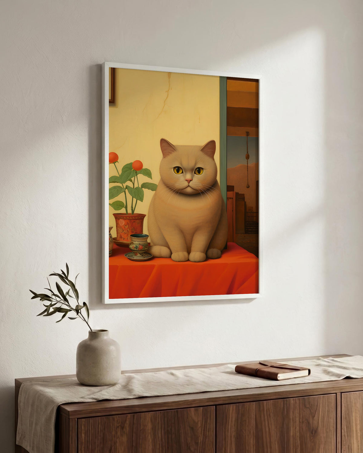 The Contented Ginger Cat in a white wood frame