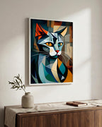 Many-Angled Cat in a white wood frame