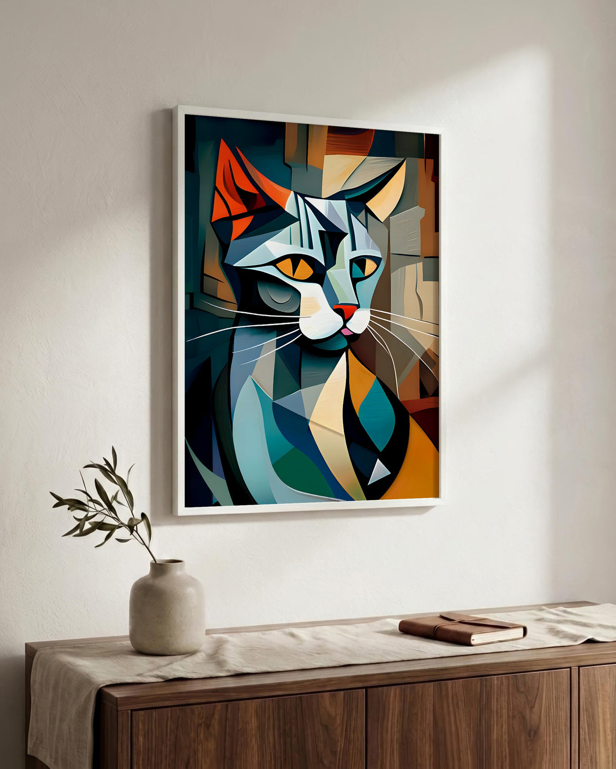Many-Angled Cat in a white wood frame