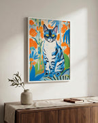 Blue Cat in Matisse-Inspired Cut-Outs in a white wood frame