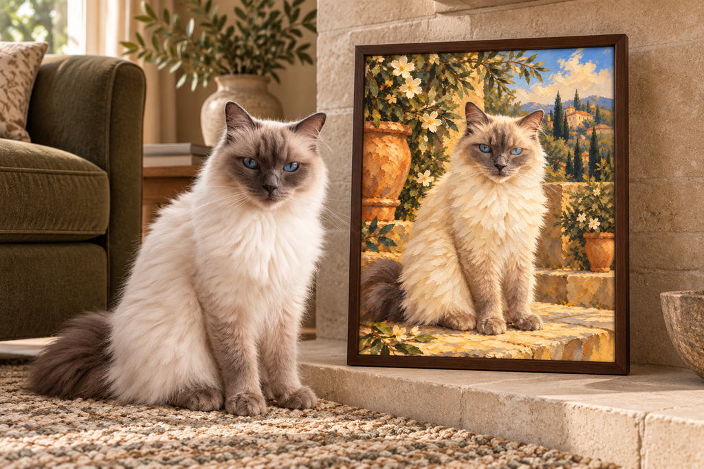 A fluffy long-haired cat with cream and taupe fur sits on a rug beside a framed painting of the same cat in an outdoor courtyard. The room includes a stone fireplace, a green armchair, and potted plants.
