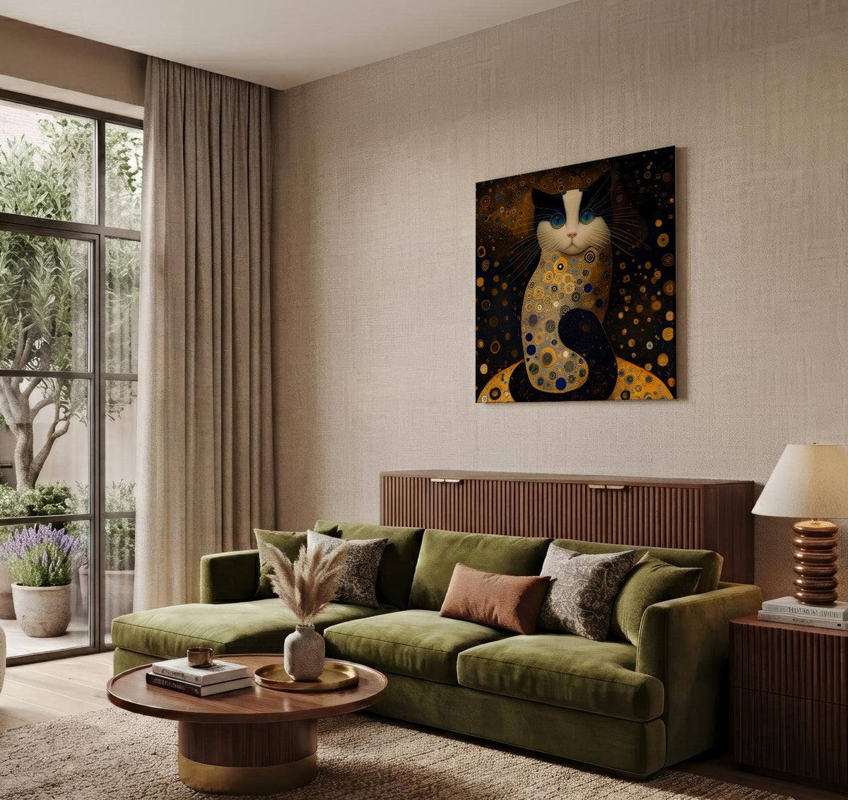 Golden Cat after Klimt framed above a sofa