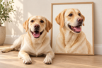 A real yellow Labrador retriever lies on a wooden floor beside a large framed portrait of the same dog, shown in a bright indoor room with sunlight and a potted plant.