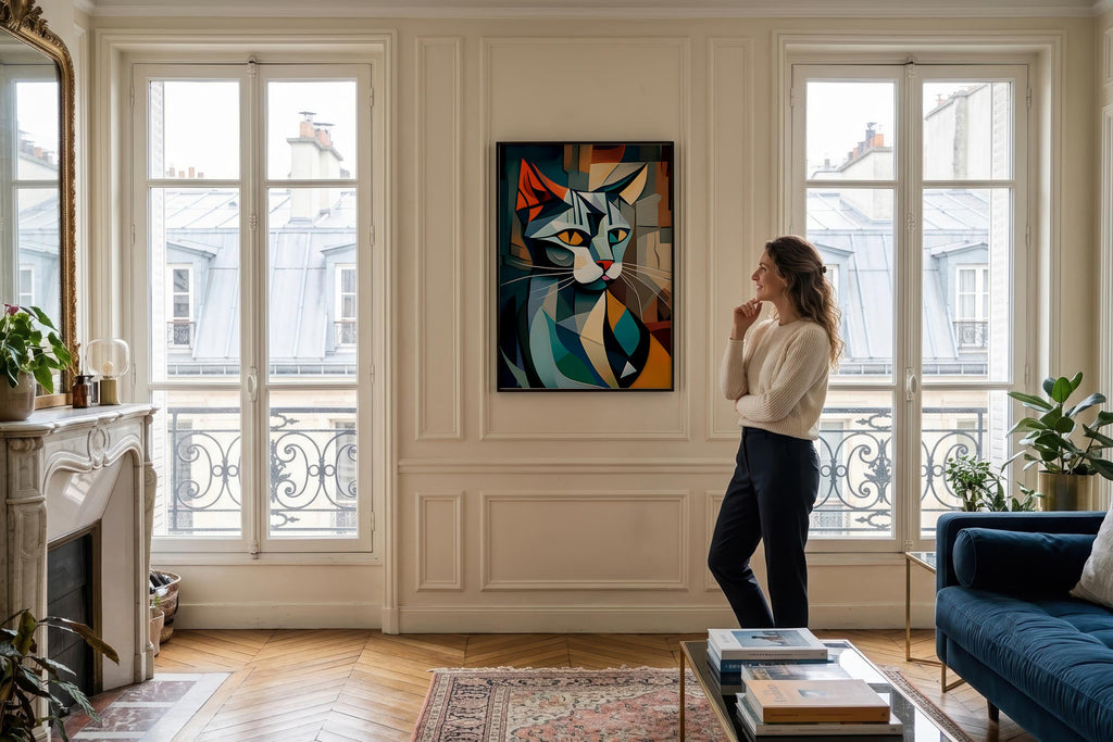 Many-Angled Cat framed in a Parisian-style apartment