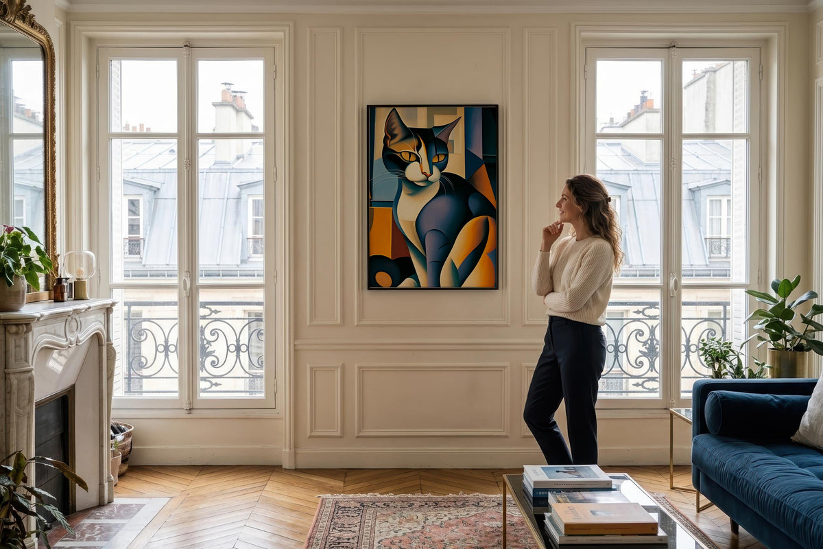 Faceted Cat Portrait framed in a Parisian-style apartment
