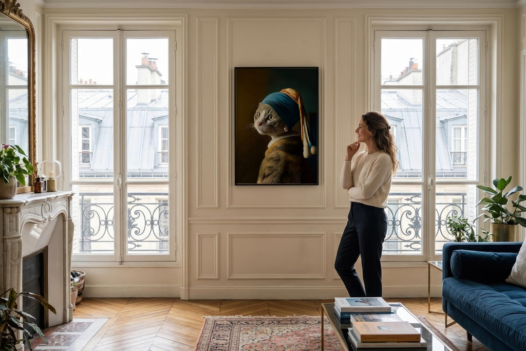 Pearl Earring Gray Cat framed in a Parisian-style apartment