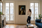 Pearl Earring Gray Cat framed in a Parisian-style apartment