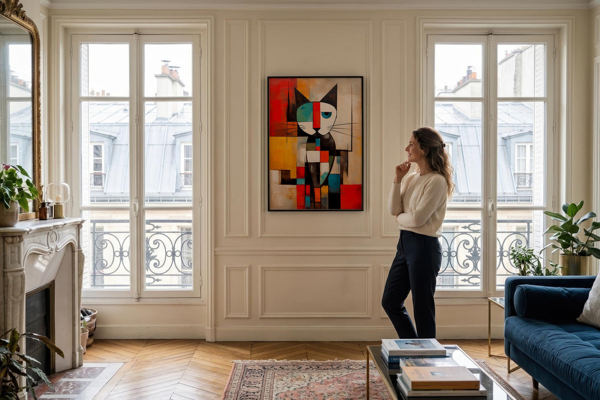 Mondrian Grid Cat No. 1 framed in a Parisian-style apartment
