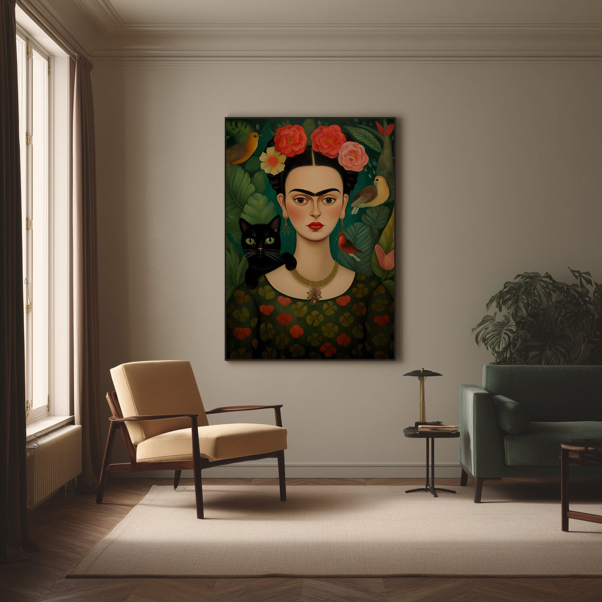 Flower-Crowned Woman & Black Cat framed in a Parisian-style apartment