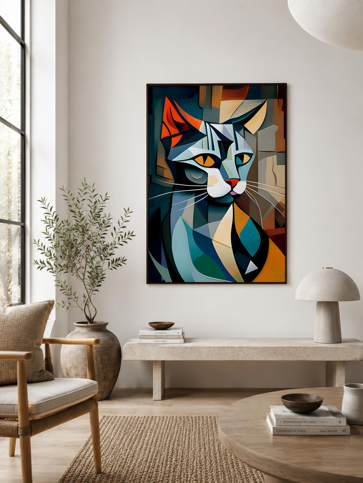 Many-Angled Cat framed in a Scandinavian-style living room