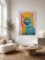 Retro Screenprint Cat framed in a Scandinavian-style living room