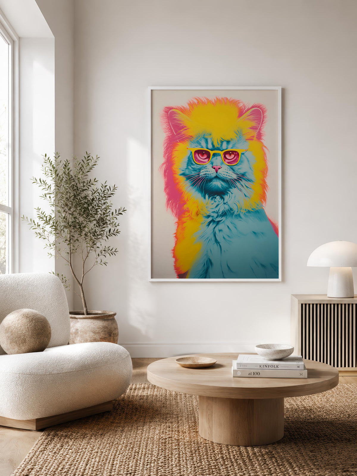 Retro Screenprint Cat framed in a Scandinavian-style living room