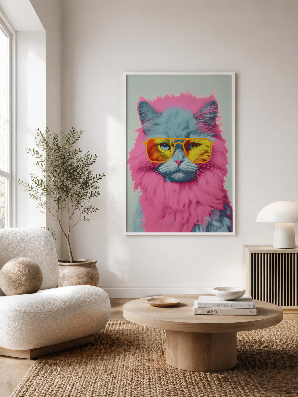 Pop Icon Cat framed in a Scandinavian-style living room
