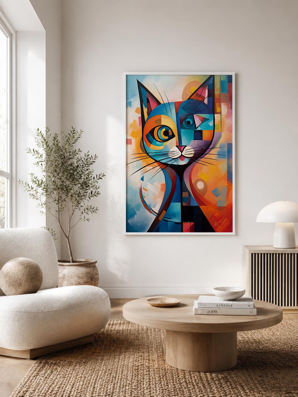 Geometric Cat after Kandinsky framed in a Scandinavian-style living room