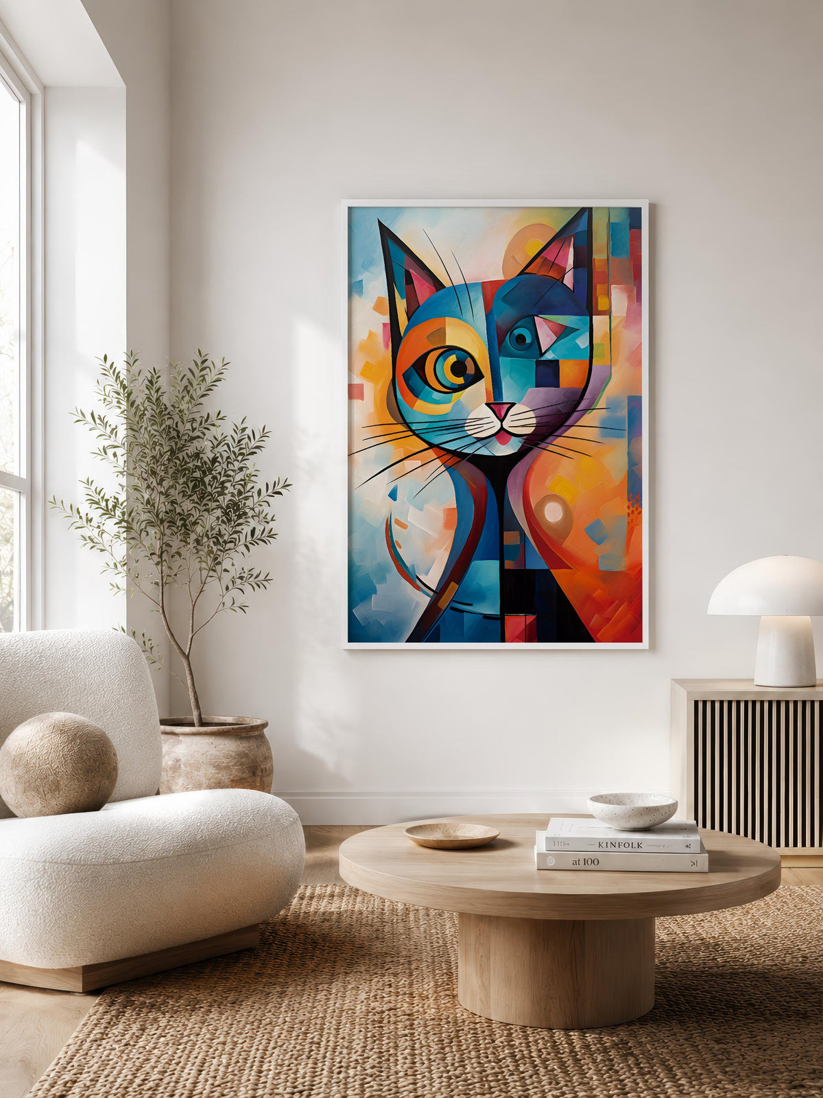 Geometric Cat after Kandinsky framed in a Scandinavian-style living room