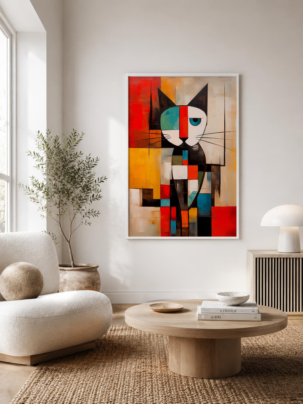 Mondrian Grid Cat No. 1 framed in a Scandinavian-style living room