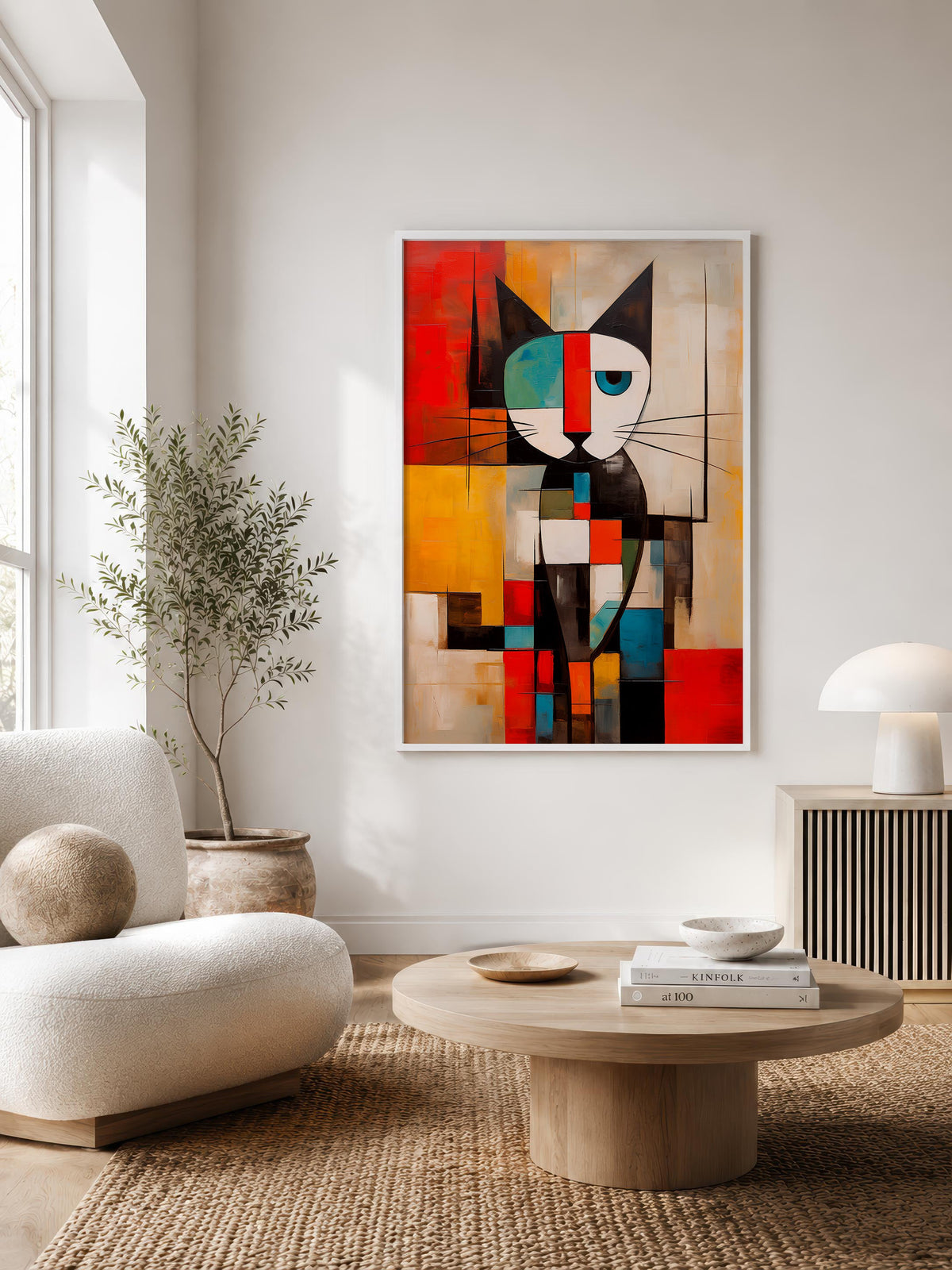Mondrian Grid Cat No. 1 framed in a Scandinavian-style living room
