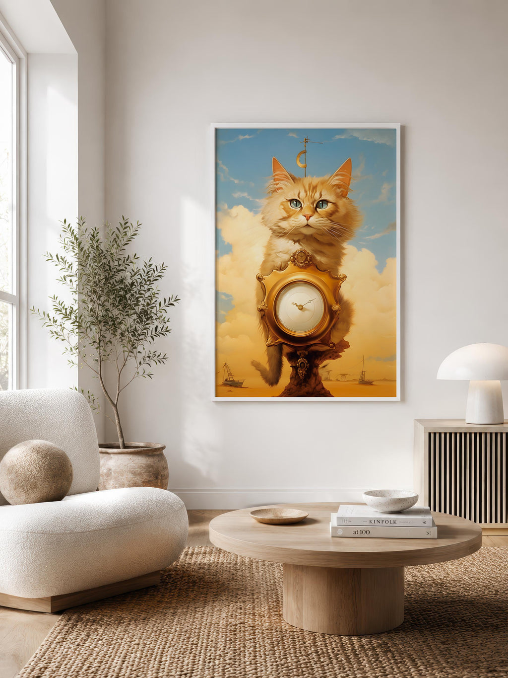 Dreamscape Cat framed in a Scandinavian-style living room