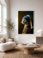 Pearl Earring Gray Cat framed in a Scandinavian-style living room