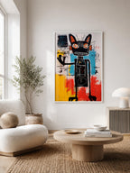 Black Cat in Bold Abstract Color framed in a Scandinavian-style living room