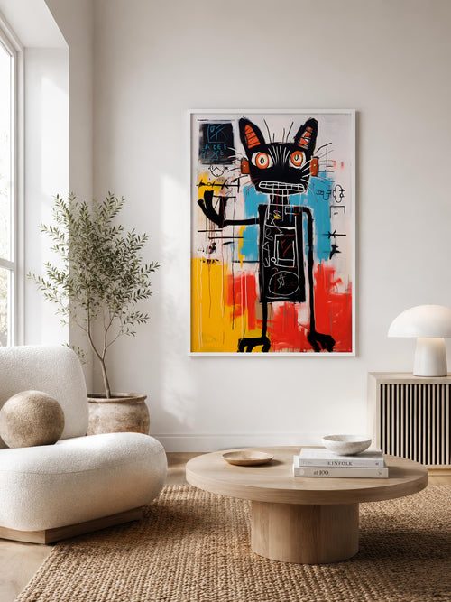 Black Cat in Bold Abstract Color framed in a Scandinavian-style living room