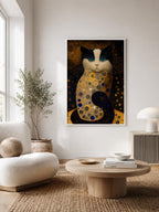 Golden Cat after Klimt framed in a Scandinavian-style living room