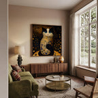 Golden Cat after Klimt framed above a sideboard (2)