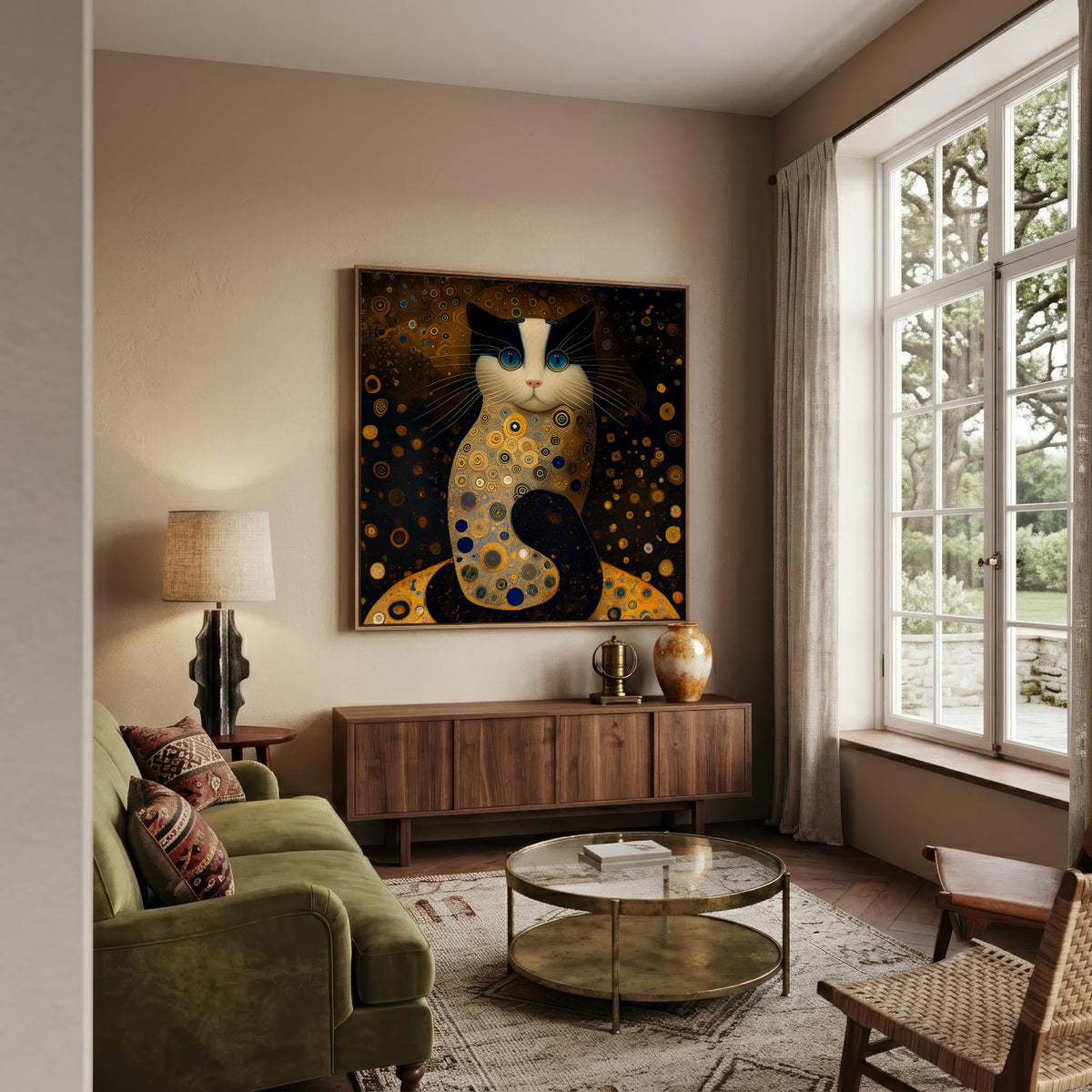 Golden Cat after Klimt framed above a sideboard (2)