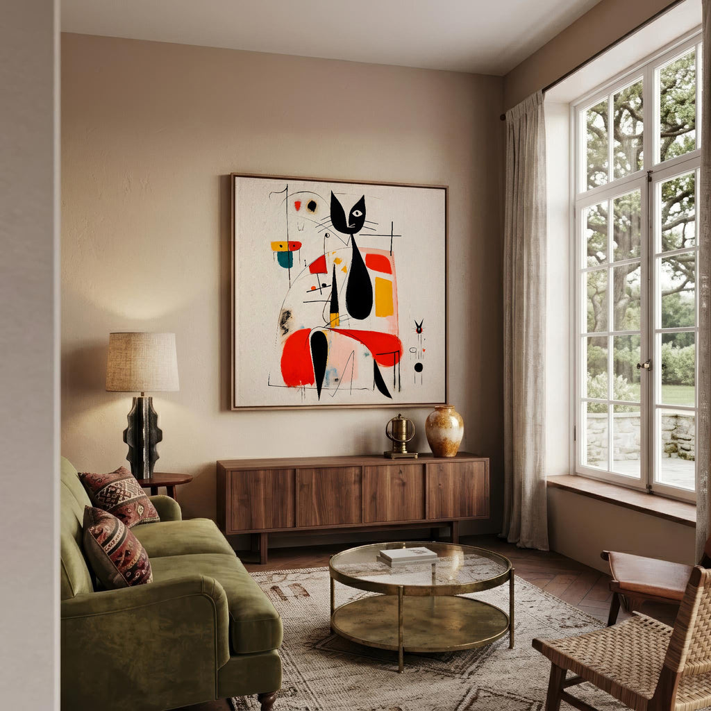 Woman & Cat in Vivid Abstract framed above a sideboard (2)