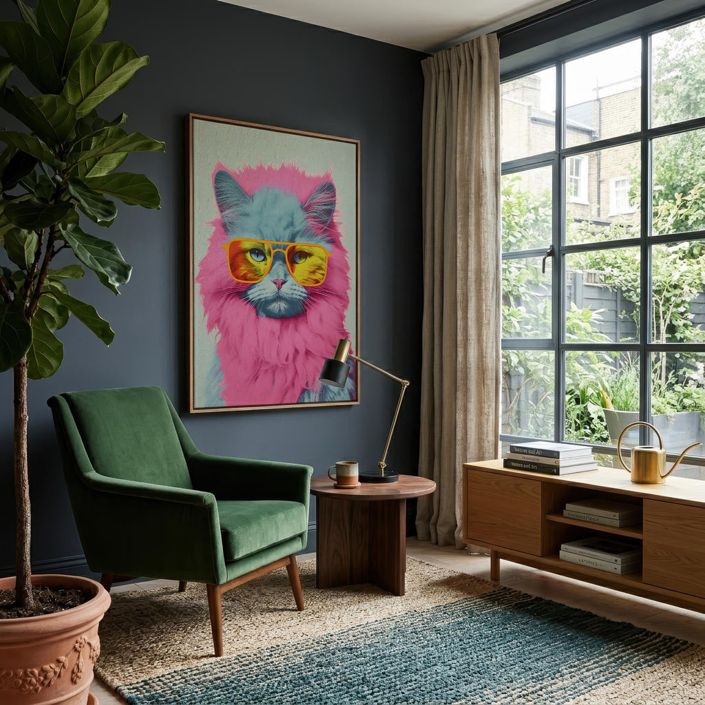 Pop Icon Cat framed in a sitting room
