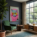Pop Icon Cat framed in a sitting room