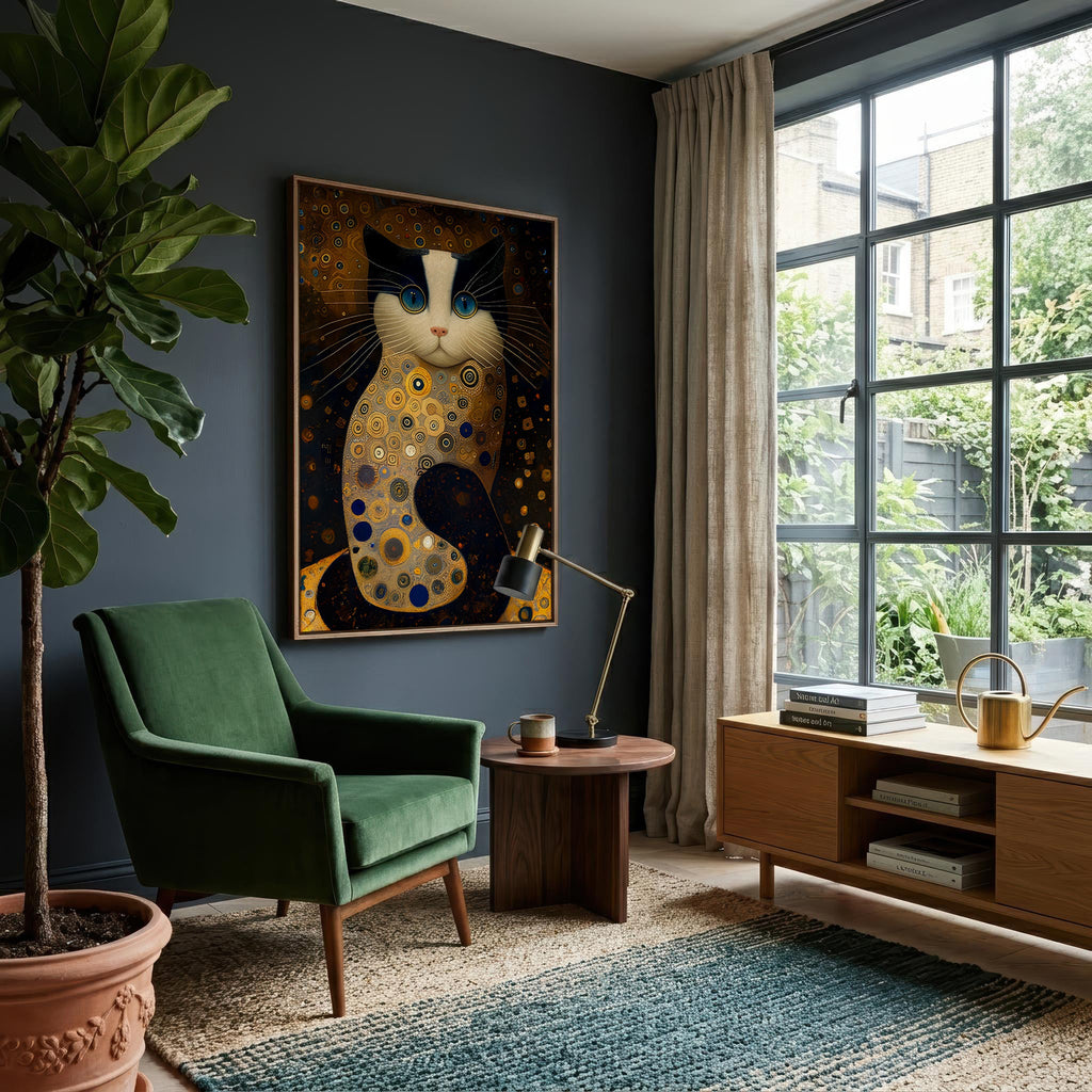 Golden Cat after Klimt framed in a sitting room