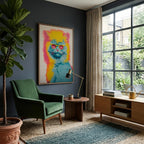 Retro Screenprint Cat framed in a sitting room