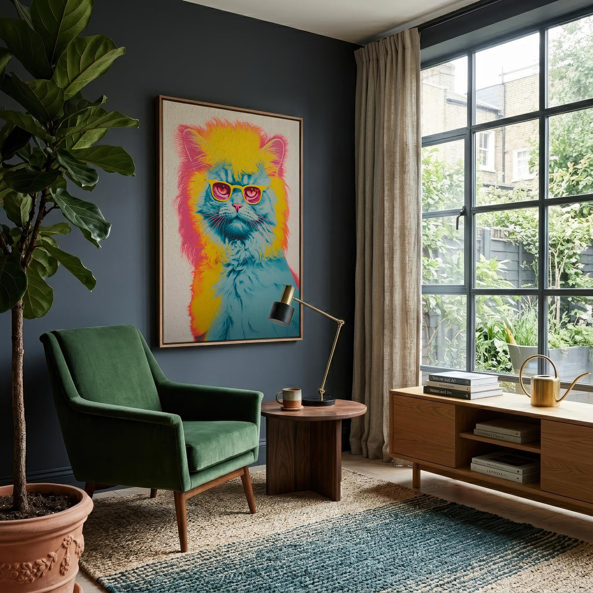 Retro Screenprint Cat framed in a sitting room
