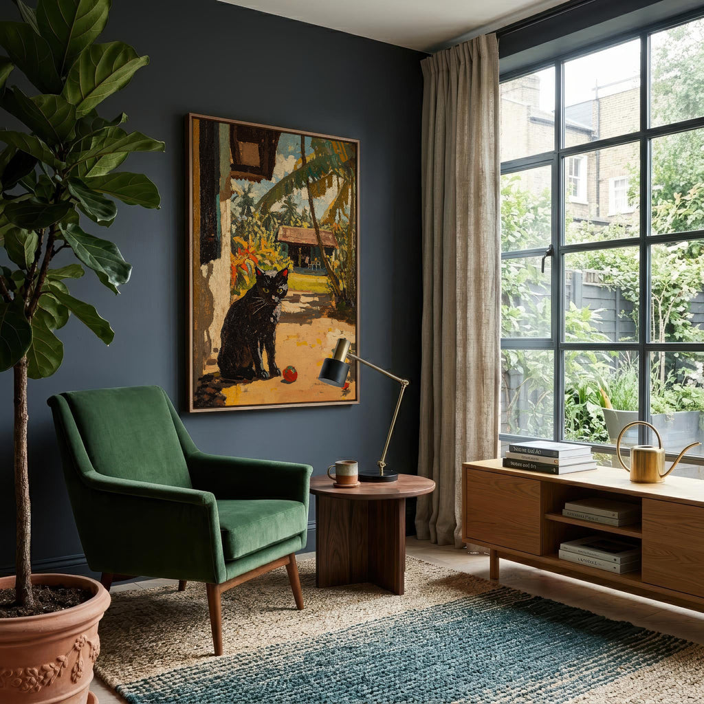 Black Cat in Gauguin Color framed in a sitting room