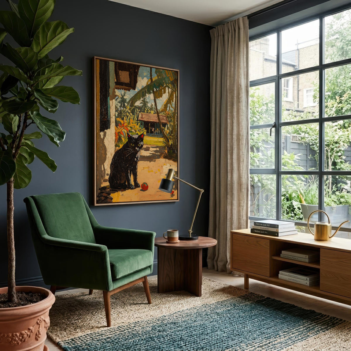 Black Cat in Gauguin Color framed in a sitting room