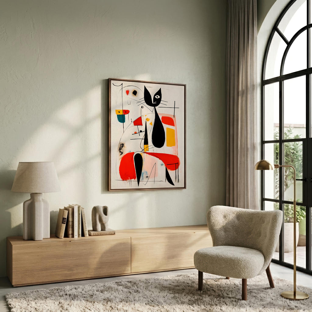 Woman & Cat in Vivid Abstract framed above a sofa