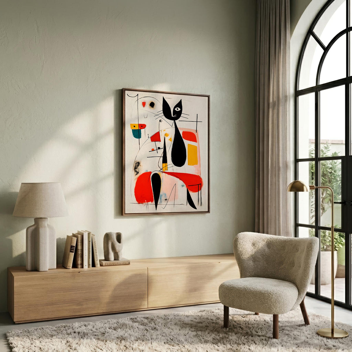 Woman & Cat in Vivid Abstract framed above a sofa