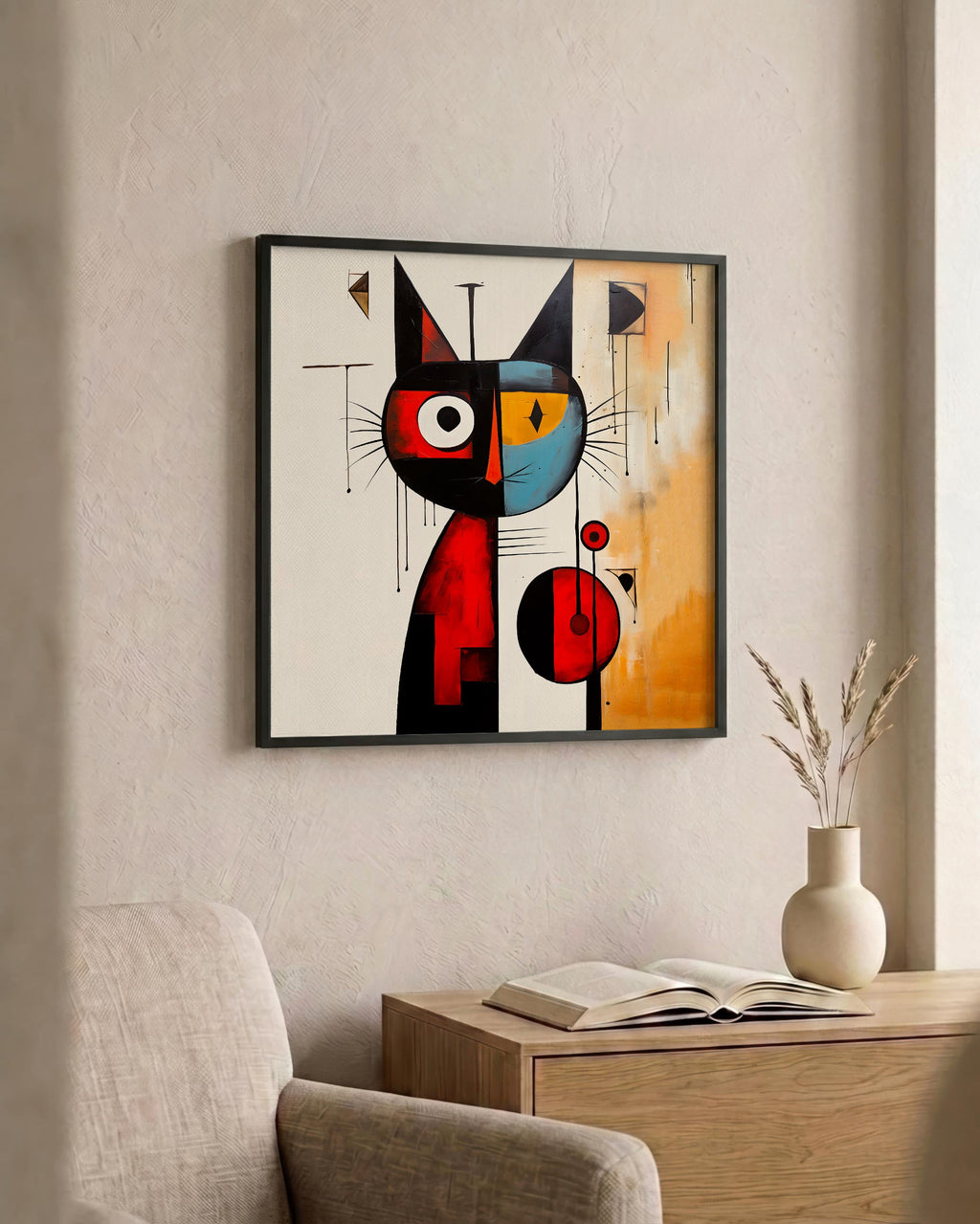 Playful Cat in Primary Colors as a square print in a black frame