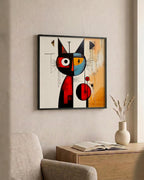 Playful Cat in Primary Colors as a square print in a black frame
