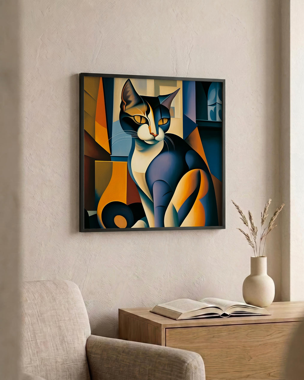 Faceted Cat Portrait as a square print in a black frame