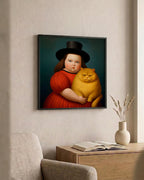 Girl & Her Unimpressed Ginger Cat as a square print in a black frame