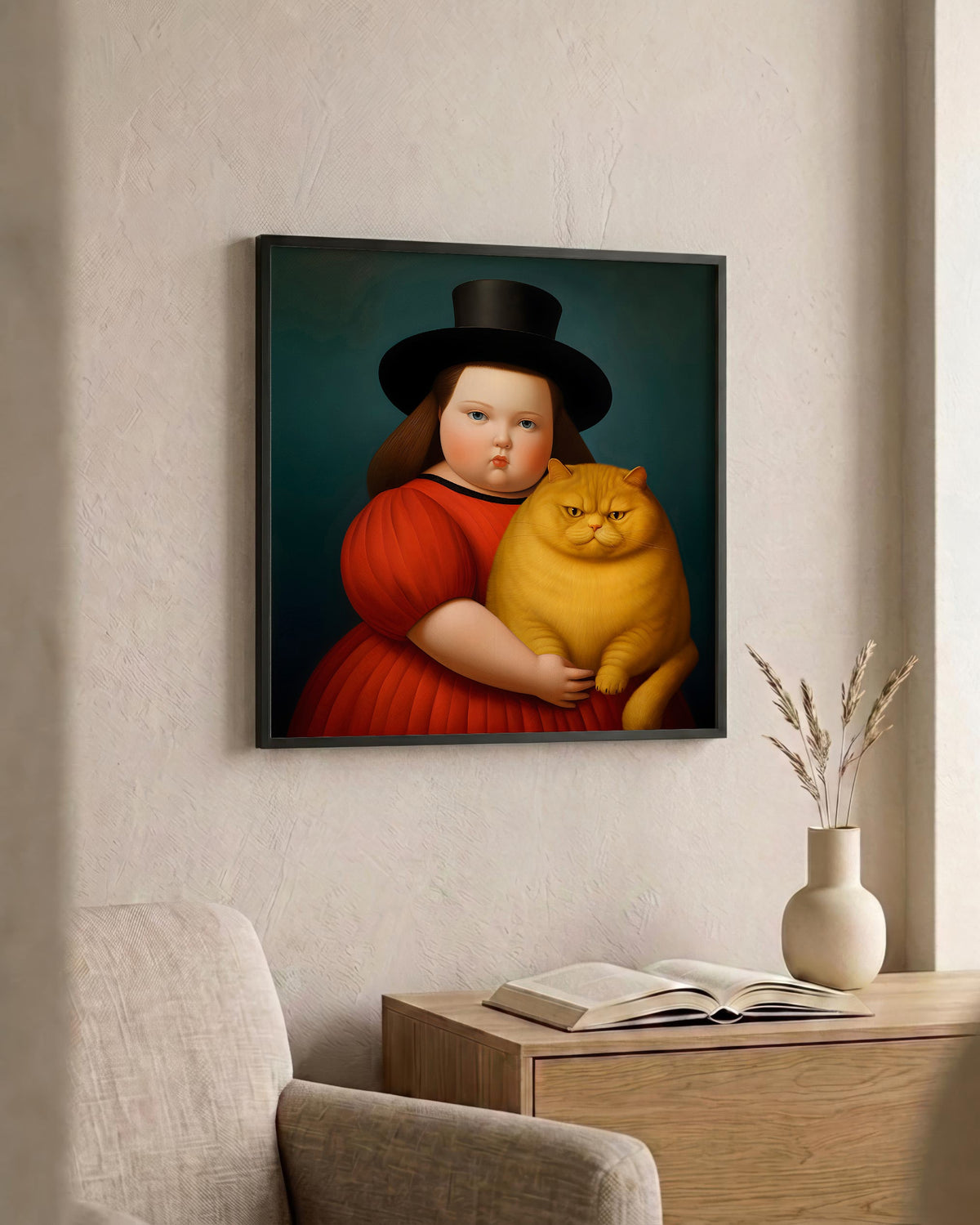 Girl & Her Unimpressed Ginger Cat as a square print in a black frame