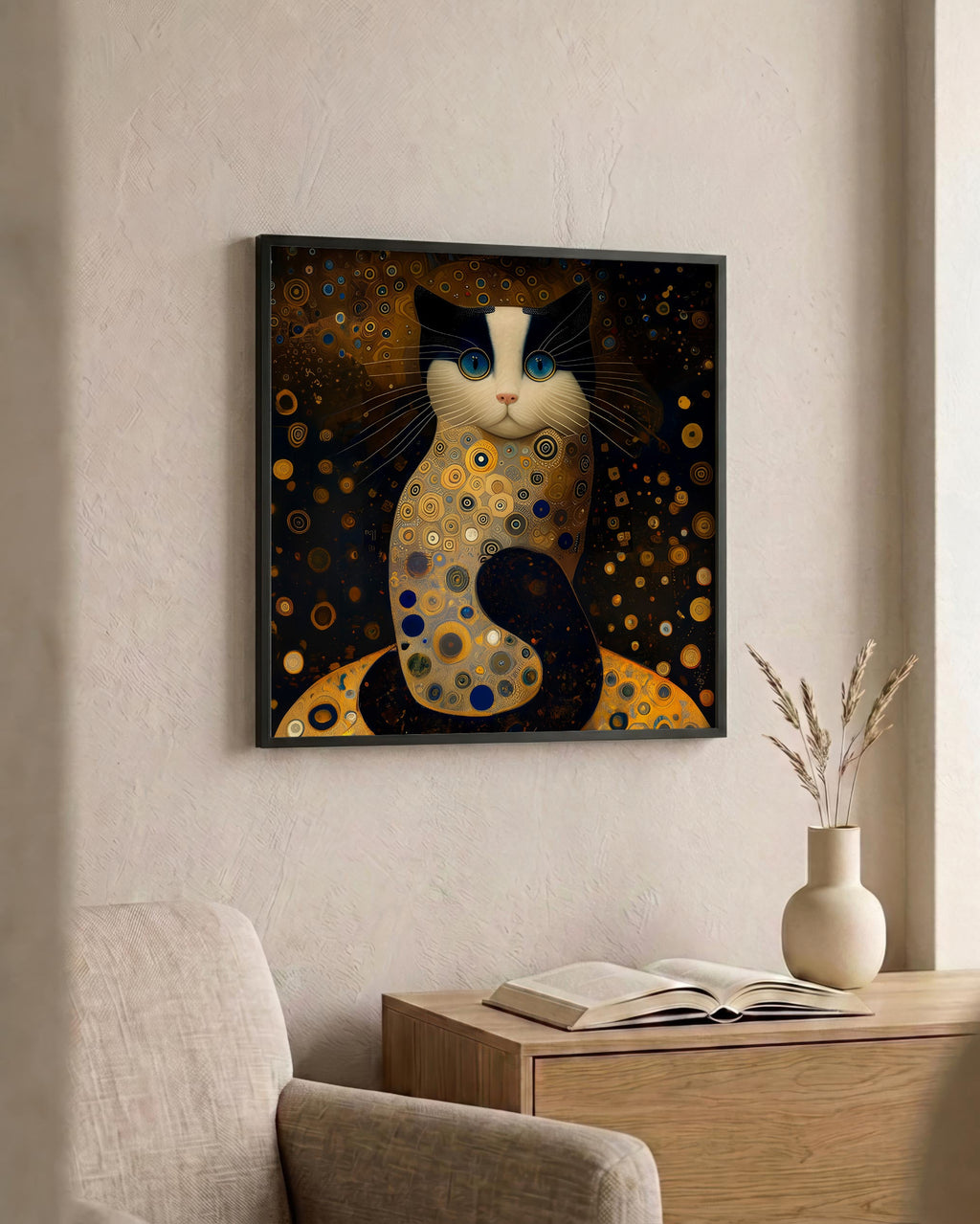 Golden Cat after Klimt as a square print in a black frame