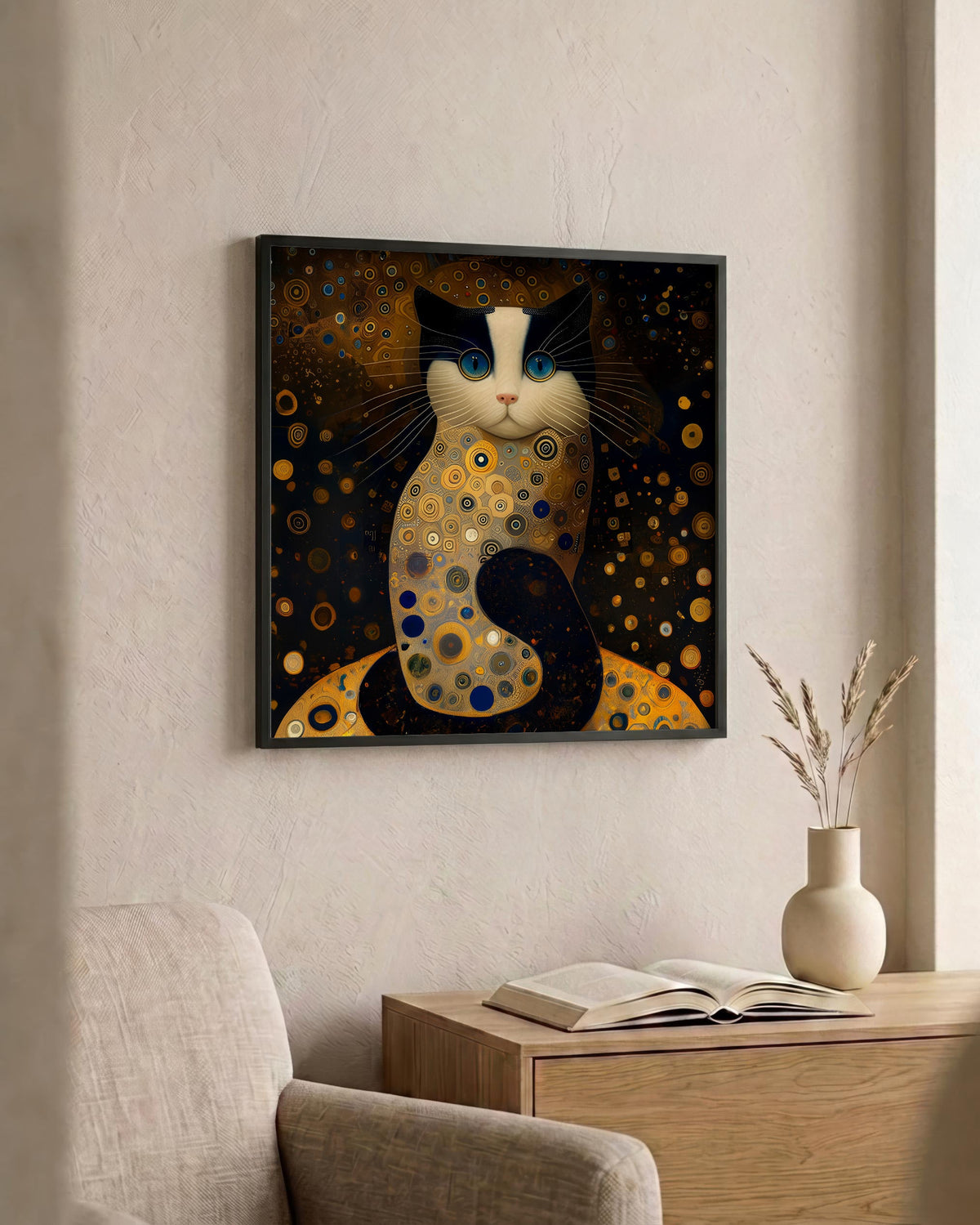 Golden Cat after Klimt as a square print in a black frame