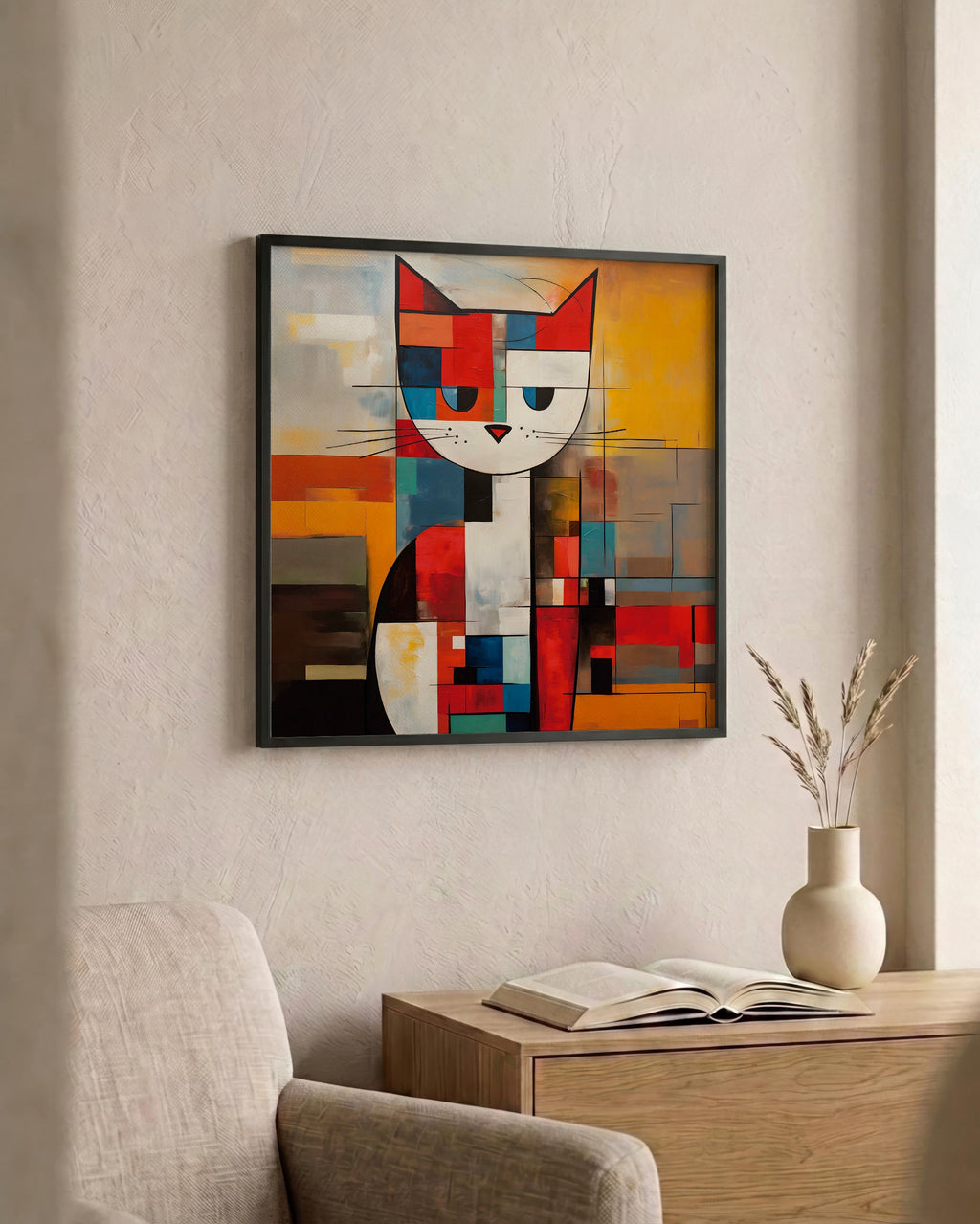 Mondrian Grid Cat No. 2 as a square print in a black frame