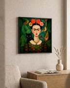 Flower-Crowned Woman & Black Cat as a square print in a black frame