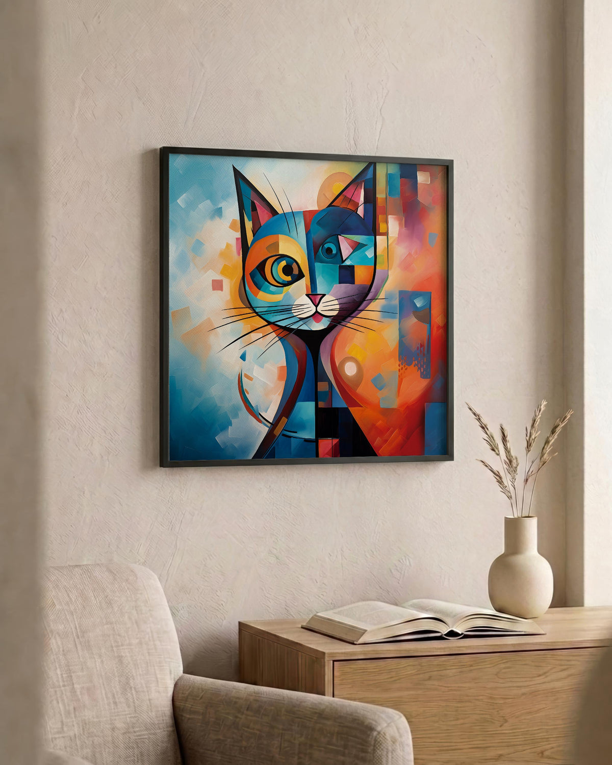 Geometric Cat after Kandinsky as a square print in a black frame